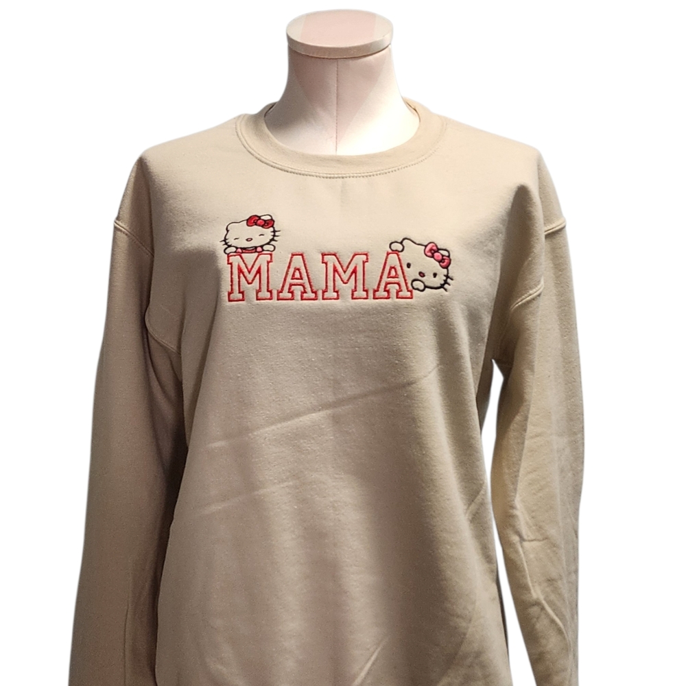 Cream "MAMA" Sweatshirt with Pink & Red Hello Kitty Accents Embroidered Design